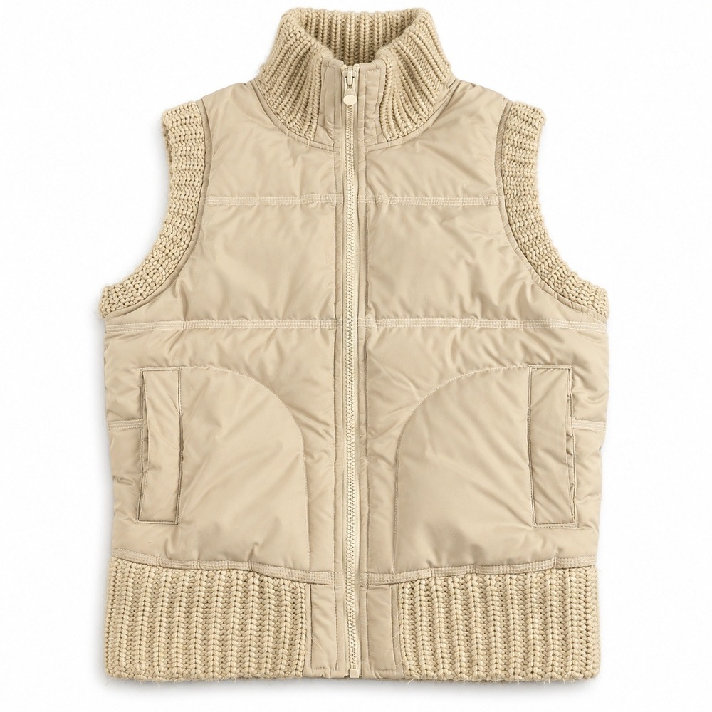 TNA Aritzia Beige Puffer Vest Knit Trim Down Fill Mixed Media Tan Small